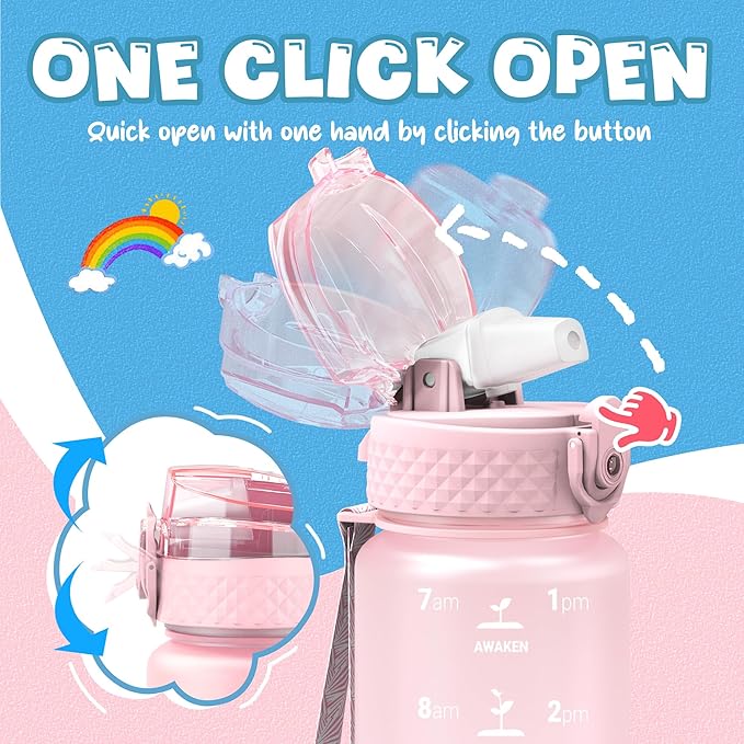 OLDLEY Kids Water Bottle for School, 17 oz (Straw Lid) BPA-Free Reusable Leak-proof Durable Tritan Plastic Water Bottles with One-handed Opening Straw Lids, Anti-dust Spout Cover (Pink)