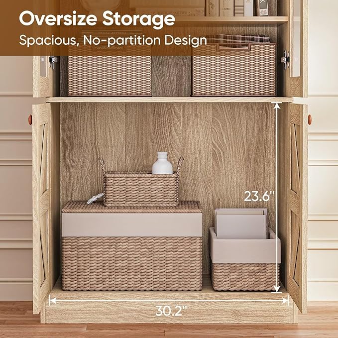 Vyre 71" Tall Farmhouse Bookshelves with Glass Doors and Drawers, Set of 4 – Large Modular Bookcase with Adjustable Shelves, Storage Cabinet for Living Room, Kitchen, Brown