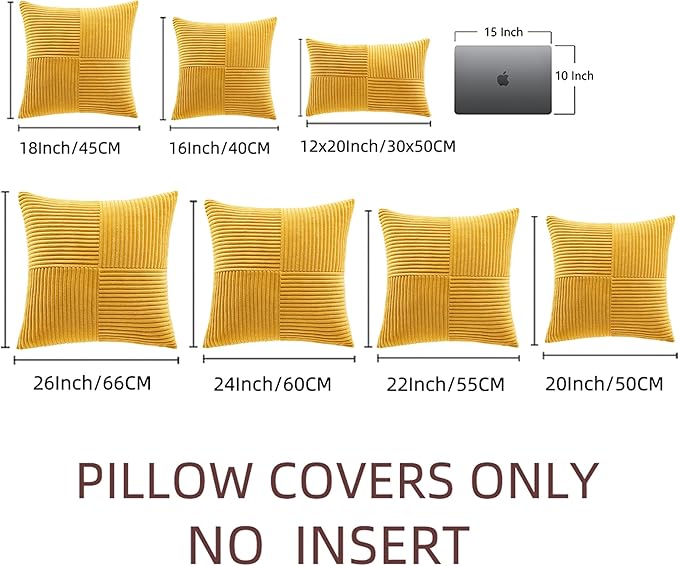 Fancy Homi 2 Packs Gold Yellow Spring Decorative Throw Pillow Covers 16x16 Inch for Couch Bed Sofa, Rustic Farmhouse Boho Home Decor, Soft Corss Patchwork Corduroy Textured Square Cushion Case 40x40cm