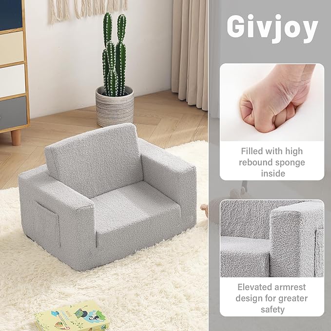 Toddler Chair Sherpa Kids Couch, 2-in-1 Toddler Soft Kids Sofa Toddler Lounger Chair for Bedroom, Convertible Toddler Couch for Girls and Boys, Reading Chair for Kids, Grey