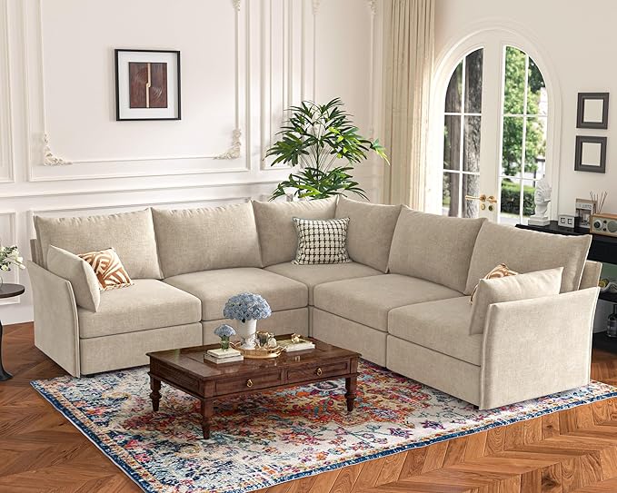 135.5" Oversized Modular Sectional Sofa, L Shaped Convertible Couch with Movable Ottoman, Large 6 Seat Corner Couches for Living Room Deep Seat Beige Chenille