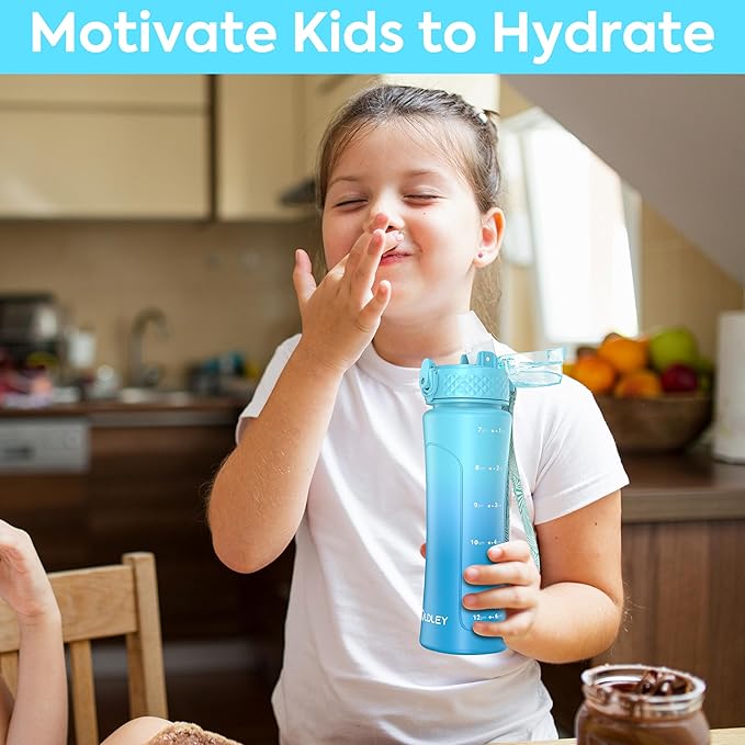 OLDLEY Kids Water Bottle with Straw 15 oz BPA-Free Leak-Proof Motivational Water Bottles with Time Marker for School Sports Travel Gym, Easy to Use for Girls Goys, 1 Straw Lid, Green Blue