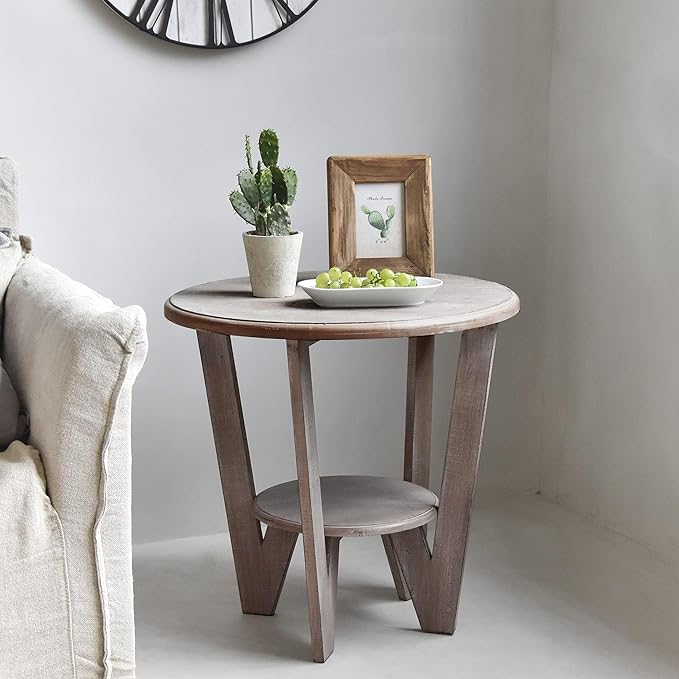 Rustic Farmhouse End Table with Storage Shelf, French Country Accent Side for Family, Dinning or Living Room, Small Spaces, Modern, Round, Vintage Blue Finish, Curved Leg