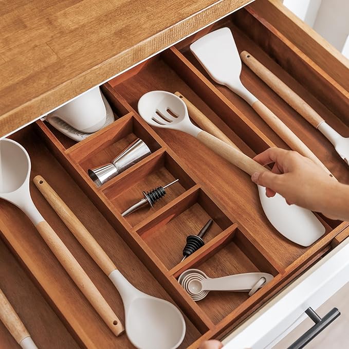Adjustable Kitchen Drawer Organizer for Utensils and Junk, Food-Safe Contract Grade with 100% Sustainable Wood, Non-Slip, Expandable from 16" to 28" Wide - Natural Acacia