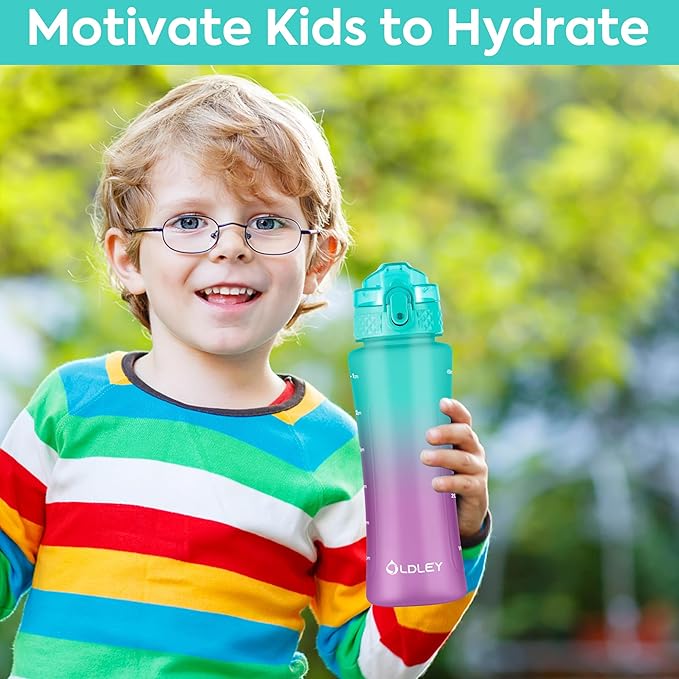 OLDLEY Kids Water Bottle with Straw 15 oz BPA-Free Leak-Proof Motivational Water Bottles with Time Marker for School Sports Travel Gym, Easy to Use for Girls Goys, 1 Straw Lid, Mint Purple
