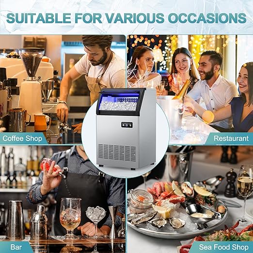 Commercial Ice Maker 260Lbs/24H, Ice Machine 72pcs Ice Cubes, Freestanding Ice Maker Machine with Water Line and Filter, 55Lbs Storage Ice Bin, Stainless Steel Undercounter Ice Maker for Home,Shop,Bar