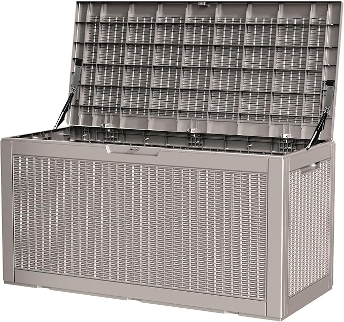 100 Gallon Storage Box, Waterproof Resin Deck Box with Hydraulic Piston Design, Lockable Storage Bench for Package Delivery, Storage Bin for Patio Cushions, Garden Tools, Grey