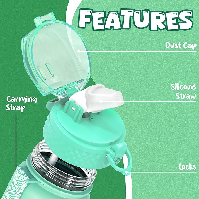 OLDLEY Kids Water Bottle for School, 17 oz (Straw Lid) BPA-Free Reusable Leak-proof Durable Tritan Plastic Water Bottles with One-handed Opening Straw Lids, Anti-dust Spout Cover (Green-Purple)