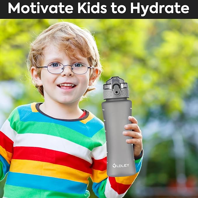 OLDLEY Kids Water Bottle with Straw 15 oz BPA-Free Leak-Proof Motivational Water Bottles with Time Marker for School Sports Travel Gym, Easy to Use for Girls Goys, 1 Straw Lid, Grey
