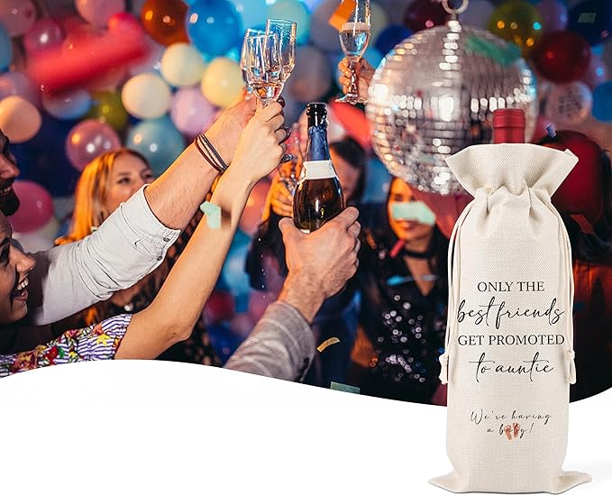 Only The Best friends Get Promoted To Auntie,Pregnancy Announcement Wine Label,New Aunt Gifts,Baby Announcement to Friends,Pregnancy Reveal,Gifts for aunts, uncles,1 Drawstring Gift Wine Bag,Q23