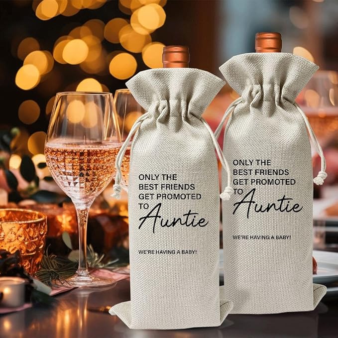 Pairs Well With Becoming Auntie Wine Gift Bag, Wine Bag for Pregnancy Announcement, New Aunt for Baby Announcement, Cotton Linen Wine Gift Bag With Drawstring