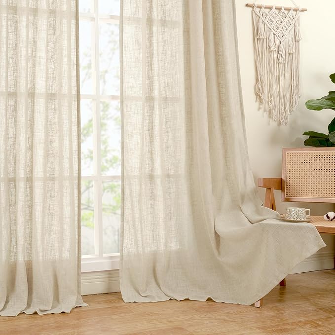 LAMIT Short Linen Curtains 40 Inch Length for Kitchen, Semi Sheer Light Filtering Window Curtains Farmhouse Boho Bronze Grommet Panels for Cafe/RV Camper, Linen, 2 Panels, 34 x 40 Inch