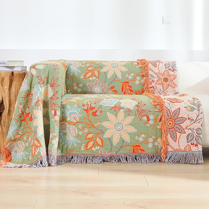 Boho Fall Throw Blanket for Bed,100% Ultra Cotton Soft Breathable Bed Throw Floral Printed Farmhouse Decor Rustic Bed Throws for Couch Sofa Quilt 90" x 98"-Orange& Sage Green