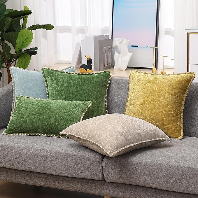 decorUhome Fall Chenille Soft Throw Pillow Covers 24x24 Set of 2, Farmhouse Velvet Neutral Decorative Euro Pillow Covers with Stitched Edge for Couch Sofa Bed Home Decor, Forest Elf