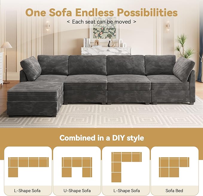Modular Sectional Sofa with Chaise U Shaped Sectional Couch for Living Room, 5-Seater Comfy Cloud Couches, Plush Corduroy, Gray