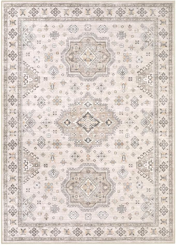 Washable Area Rugs for Living Room - 7x9 Neutral Vintage Distressed Floral Farmhouse Boho Large Soft Floor Rug Indoor Non Slip Carpet for Living Room Bedroom Dining Room Office - Beige Brown