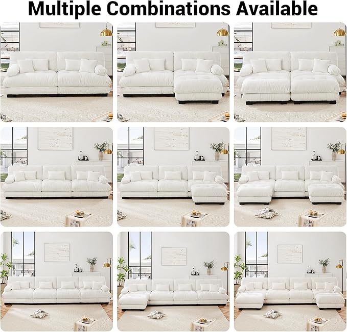 Modular Sectional Sofa Cloud Couch 3-Seater Deep Seat Sofa Couch, Oversized Couch Bed Sectional Couch with Round Bolster Armrests 5 Pillows, Modern Sofa Chair Comfy Couch(White)
