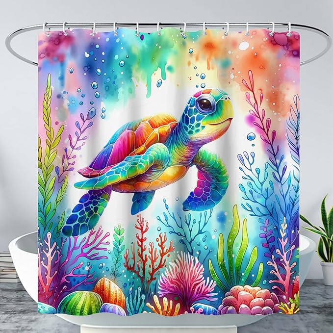 AILONEN Colorful Sea Turtle Shower Curtain, Cartoon Ocean Theme World Cloth Bath Curtain for Bathroom,Watercolor Underwater Waterproof Fabric Shower Curtain Set with Hooks,36" Wx72 H