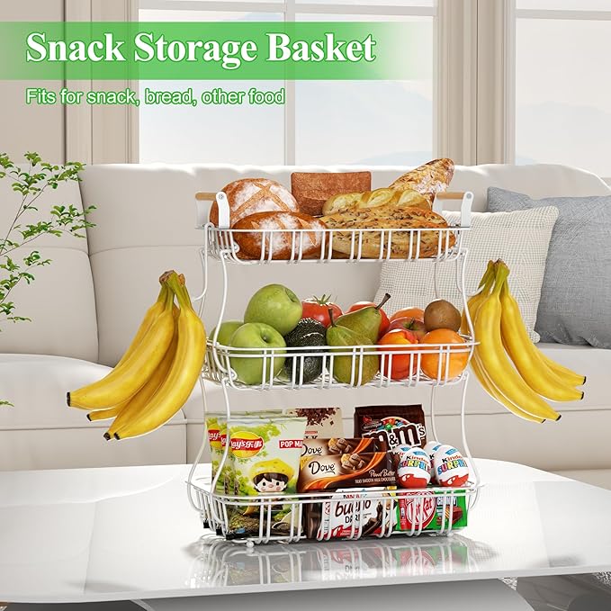 3 Tier Fruit Basket with 2 Banana Hooks, Large Capacity Multifunctional Detachable Sturdy Fruit Bowl with Wooden Handle Mesh Top for Kitchen Counter, for Bread Snacks Vegetables Produce, White