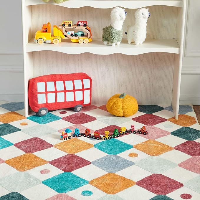 jinchan Area Rug 4x6 Kids Washable Indoor Floor Cover Non-Slip Modern Soft Rug Elementary School Classroom Colorful Diamond Carpet for Nursery Playroom Daycare Bedroom Living Room Confetti on Cream