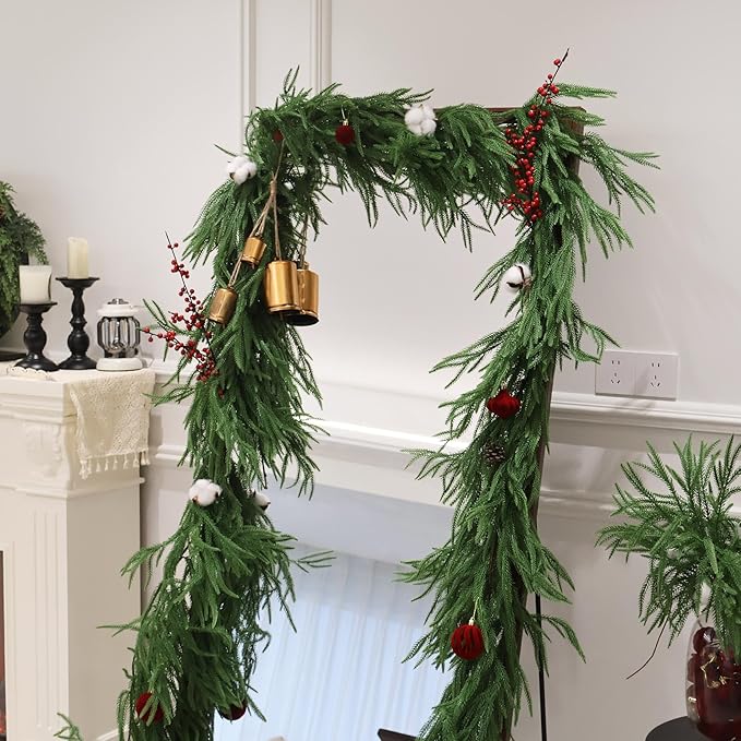 15FT Christmas Garlands Norfolk Pine Garland Real Touch Artificial Faux Greenery Garland for Holiday Indoor Outdoor Decor