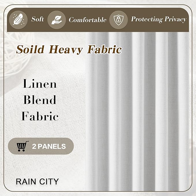 RAIN CITY Snow White Large Curtains 70 x 90 inch Long for Living Room Sliding Door 2 Panel Sets Back Tab Room Divider Pleated Linen Track Drapes for Bedroom Dining Room Farm House Cottage