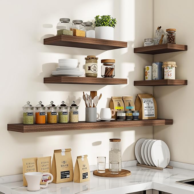 16 Inch Floating Shelves, 16"x9.25"x1.5" Inch Deep Floating Shelves for Wall, Wooden Shelves for Bathroom, Bedroom, Living Room, Walnut