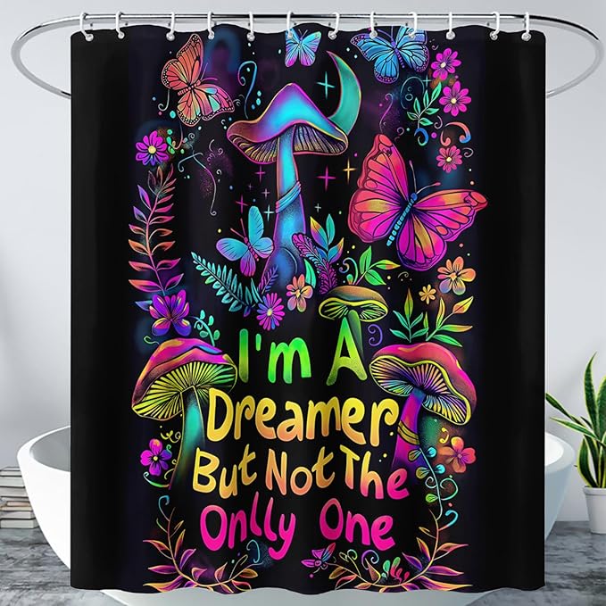 AILONEN Mushroom Shower Curtain,Colorful Butterfly Flower Decoration,Polyester Fabric,Waterproof,Botanical Fungus Plants Black Bath Curtains Washable,with 12 Plastic Hooks, 72" W x 78" H