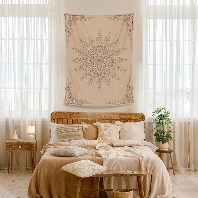 Damanse Floral Tapestry Wall Hanging Cute,Boho Wall Tapestry for Bedroom Aesthetic,Mandala Living Room Decor for Teen Girls (Flaxen, 49.20" x 59.10")