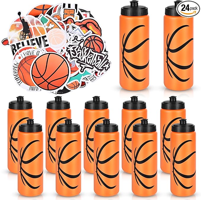12 Pack Bulk Basketball Sports Water Bottle with 12 Pack Sticker Gift Set, Squeeze BPA-Free Reusable Water Bottles for Basketball Team Party Favors Gift(20OZ)