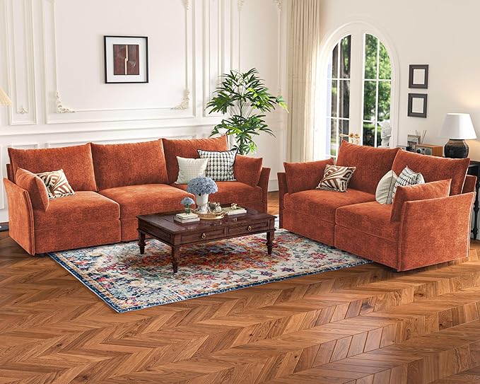 136.4" Oversized Modular Sectional Sleeper Sofa Bed, U Shaped Convertible Couch with Movable Ottoman, Large 8 Seat Corner Couches for Living Room Deep Seat Terracotta Orange Chenille