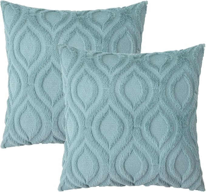 decorUhome Fall Throw Pillow Covers 26x26 Inch Set of 2, Soft Plush Decorative Faux Fur Aqua Solid Couch Pillow Covers, Accent Farmhouse Neutral Square Euro Pillow Cases for Sofa Bed Living Room