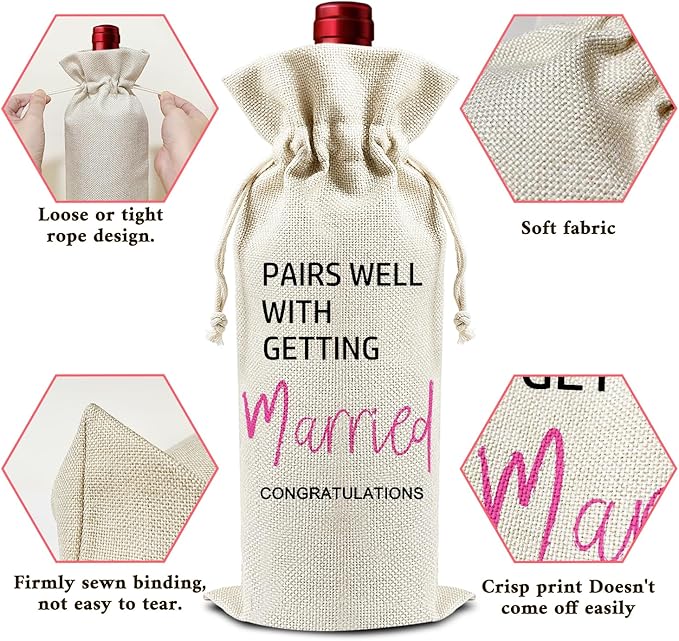 Pairs Well With Getting Married - Gifts for Newlyweds Wine Bags, 1 PC Reusable Drawstring Burlap Wine Bottle Bags, Wedding Gifts for Bride Groom, Wine Gift Bag Wine Accessories -34