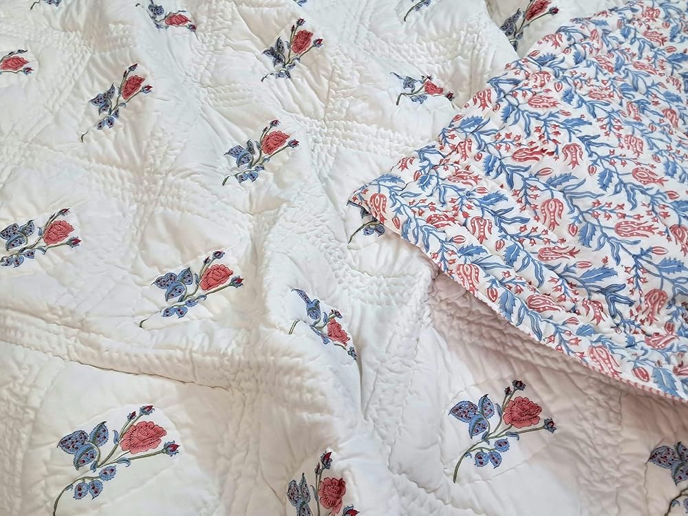 Twin Size Rose Pink Cotton Throw Blanket – 60x90 Hand Block Printed Lightweight Quilt – Soft Bedspread for Couch, Sofa & Bed – Cozy All-Season Boho Floral Blanket – Handmade in India