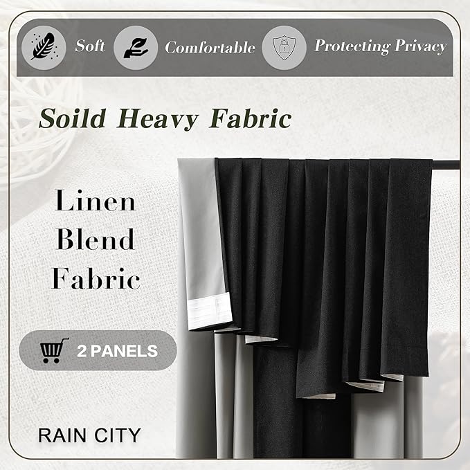 RAIN CITY Extra Wide Blackout Curtains 70 x 96 Inch Long, Linen Blend Black Out Pleated Curtains 2 Panels Set, Back Tab Pocket Textured Curtain for Home Office Patio Sliding Glass Door