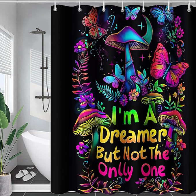 AILONEN Mushroom Shower Curtain,Colorful Butterfly Flower Decoration,Polyester Fabric,Waterproof,Botanical Fungus Plants Black Bath Curtains Washable,with 12 Plastic Hooks, 72" W x 78" H