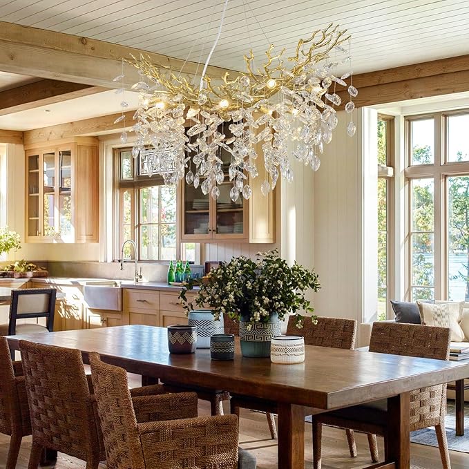 Modern Crystal Gold Chandelier, 36" Large Rectangular Oval Tree Branch Crystal Chandeliers for Dining Room,16-Light Flush Mount K9 Crystal Chandeliers, for Kitchen Island,Dining Room