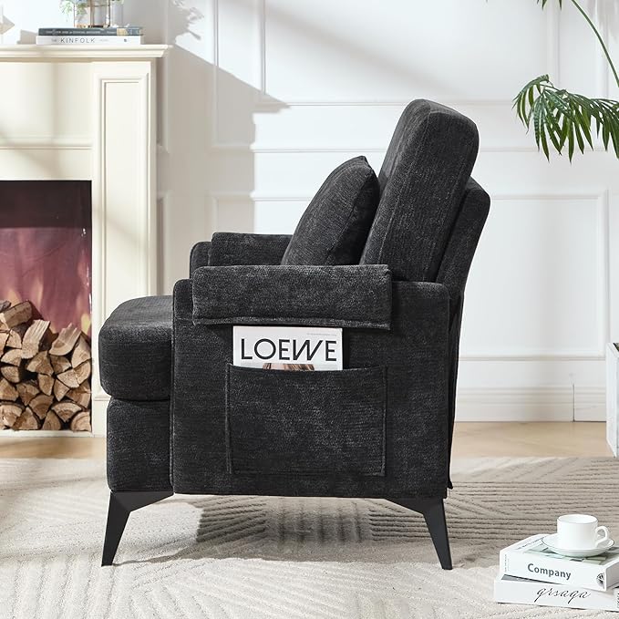 KCC Mid-Century Accent Chairs Set of 2,Chenille Modern Upholstered Single Sofa,Cozy Armchair with Back for Bedroom/Office/Cafe,Black