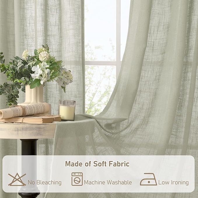 LAMIT Sage Grey Linen Curtains 45 inches Long for Bedroom, Soft Linen Textured Light Filtering Semi Sheer Panels with Bronze Grommet for Living Room, 2 Panels Set, 52 x 45 Inch