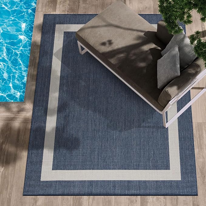 CAMILSON Outdoor Rug 10x14, Large Modern Outside Rugs for Patios Porches Waterproof Durable Washable Non-Shedding, Easy-to-Clean Indoor Outdoor Area Carpet (10 x 14, Bordered - Blue/White)