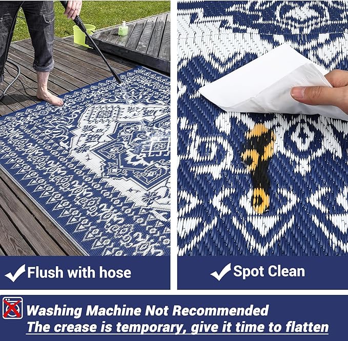 GAOMON Outdoor Rugs for Patio 9x12 Waterproof Reversible Plastic Straw Rug, Large UV-Resistant Portable RV Camping Mats, Indoor Outdoor Medallion Carpet for Deck Porch Garden, Dark Blue & White