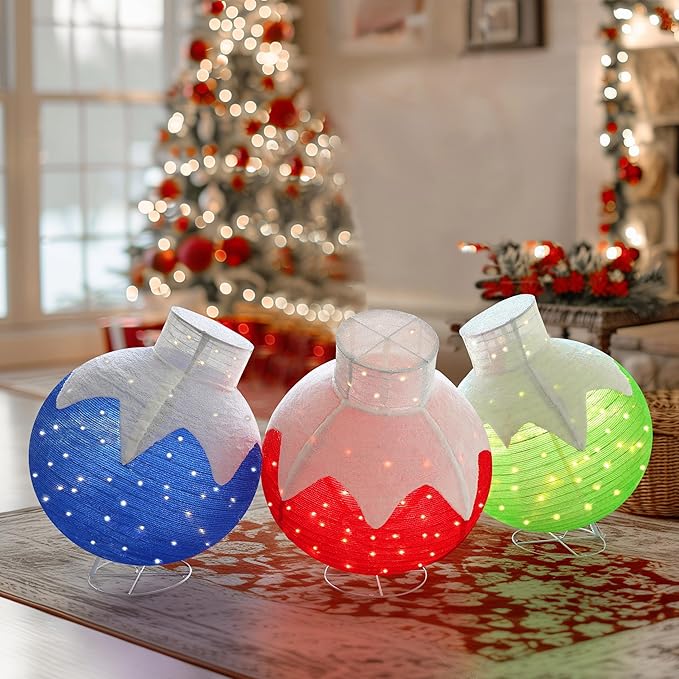 36 Inch Pop-Up Christmas Ball with 90 LED Lights for Outdoor Xmas Decor, 3-Piece Pre-Lit Iridescent Christmas Ball Ornaments Decor with Base, Outdoor 3D Glittered Standing Holiday Display