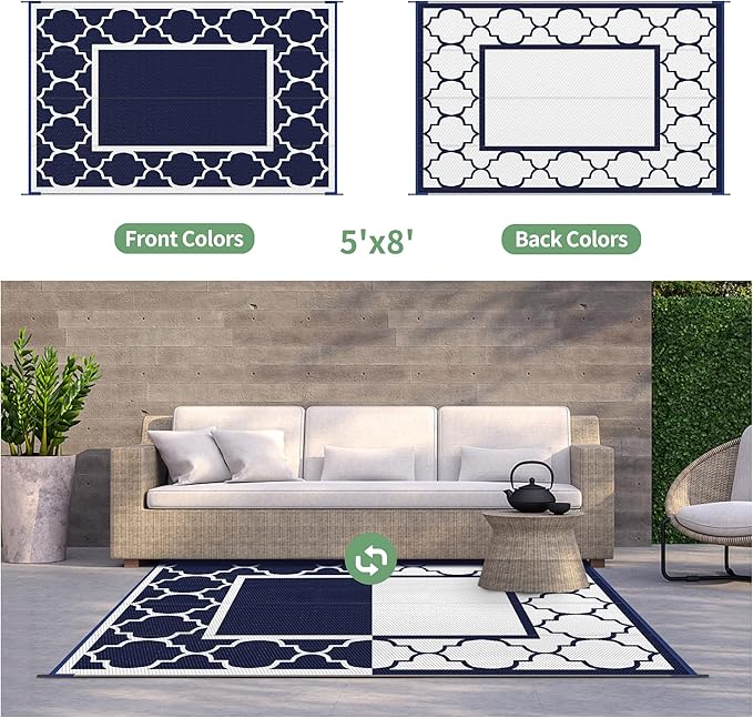 GENIMO Outdoor Rug Waterproof for Patio Decor, 5'x8' Reversible Plastic Straw Rug Carpet, Camping Mats for Outdoor, RV, Backyard, Deck, Balcony, Picnic, Blue & White