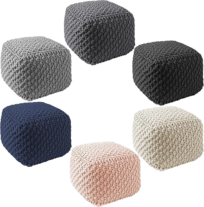 Casafield Square Pouf Ottoman, Light Gray 18.5" W x 18.5" D x 14.5" H Cotton Knit Foot Stool - Boho Floor Pouffe for Living Room, Bedroom, Home Office