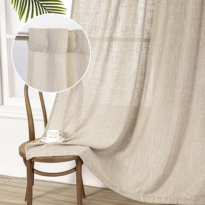 MYSKY HOME Curtains for Kitchen Windows, Sheer Curtains 63 Inch Length for Girls Bedroom Boho Linen Look Textured Fabric Soft Touch Light Filtering, 50" Wide, Light Oatmeal, Set of 2