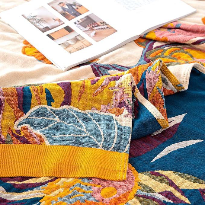 Boho Throw Blanket for Couch 100% Cotton Throw Floral Bed Blanket 80''x90'',Cotton Quilts Travel Knitted Muslin Blanket Home Decor Cozy Blankets for Women