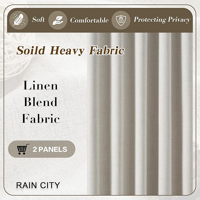 144 Inch Blackout Curtains 2 Panels Linen Textured 2 Story Extra Long Noise Reducing Curtains for Large Window Back Tab Pleated Look Rod Pocket with Hooks 50W x 144L,12 Ft Length Natural Birch/Ivory