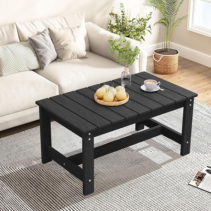 SERWALL Patio Coffee Table, HDPE Rectangle Outdoor Coffee Table Set of 2, Black