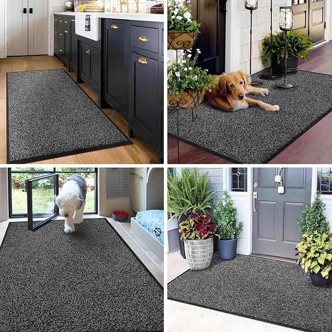 Mibao Front Door Mat, Dirt Trapper Welcome Mat for Outdoor Indoor, Non-Slip Waterproof Doormat, Durable Machine Washable Low Profile Entry Rug for Back Door Outside Patio Porch, 32" x 20", Grey