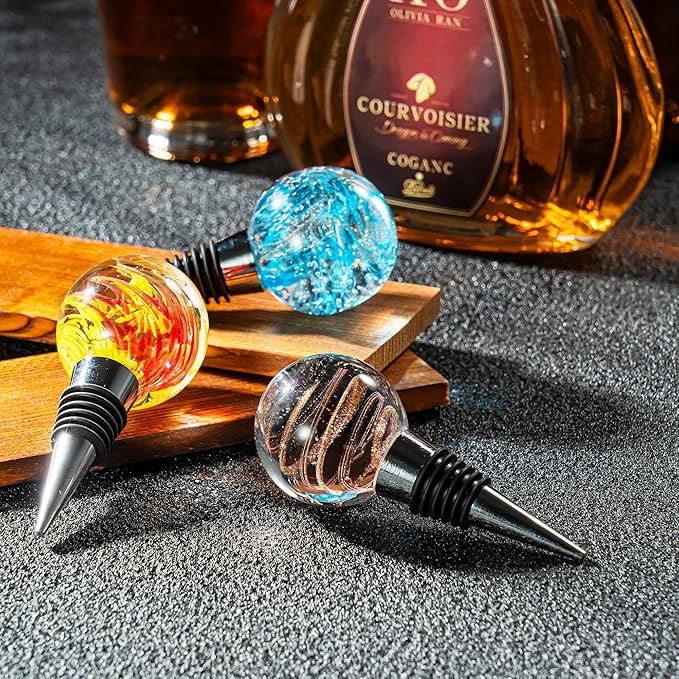 Pack of 3 Wine Bottle Stopper, Galaxy Pattern Art Murano Glass Wine Stopper, Multicolor Leak-Proof and Reusable Wine Saver, Preserves Beverage Freshness